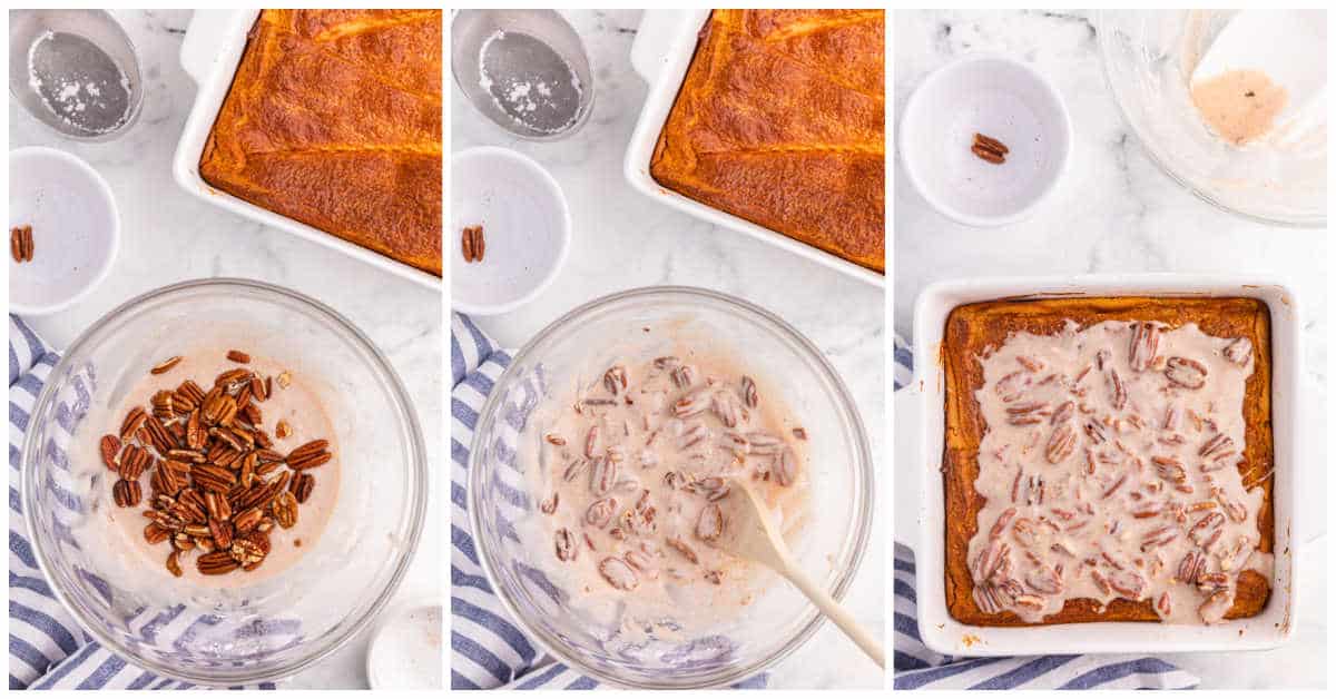 Collage of adding the glaze to the casserole.