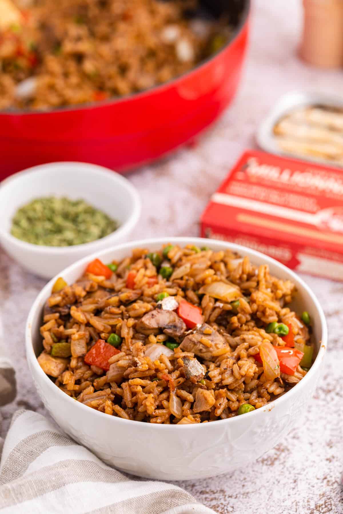 Sardine Fried Rice in a white bowl.