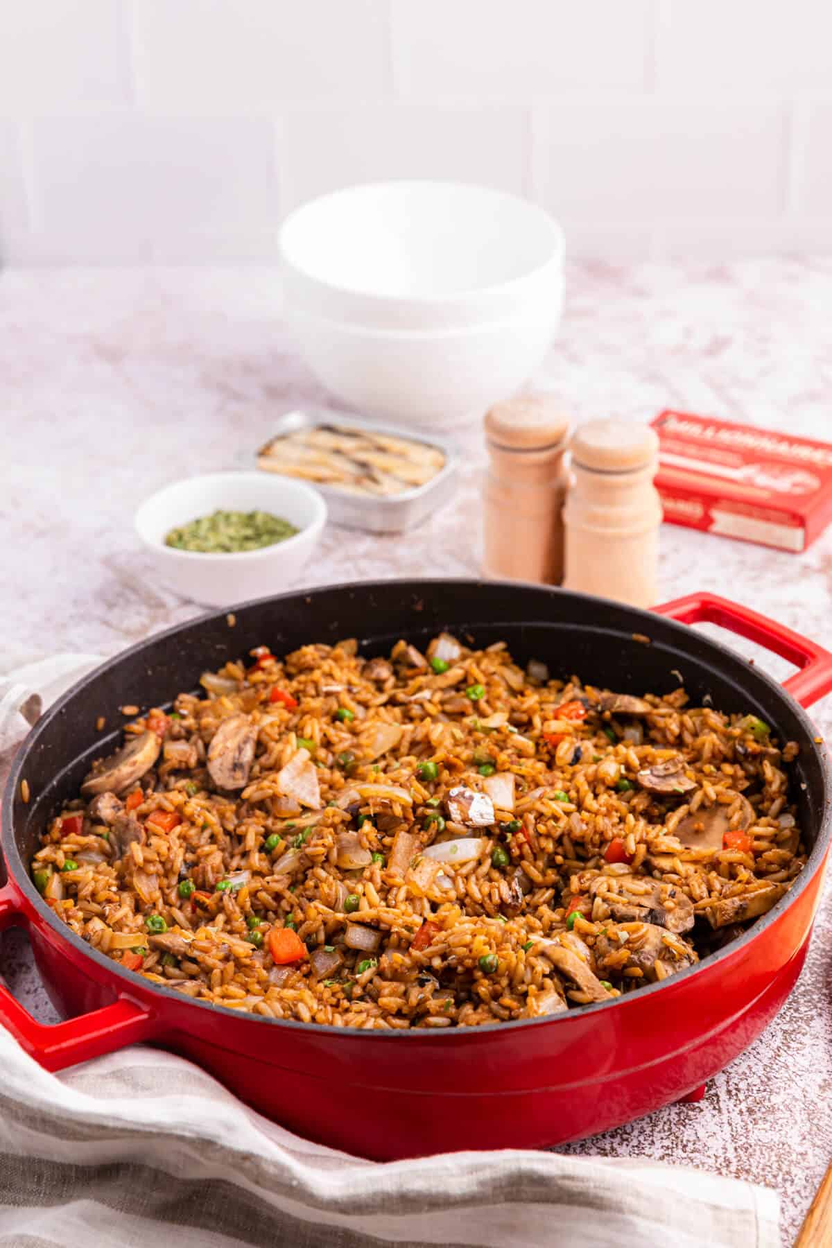 Sardine Fried Rice in a red skillet.