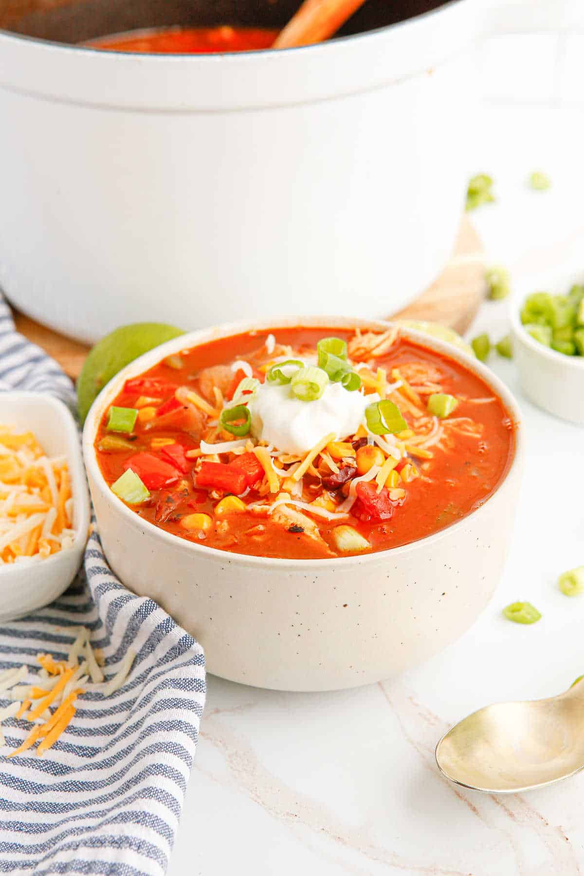 Chicken fajita soup in a bowl.