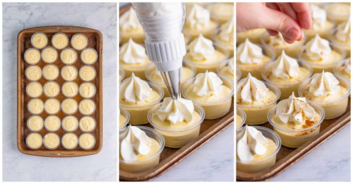 Steps to make eggnog pudding shots.