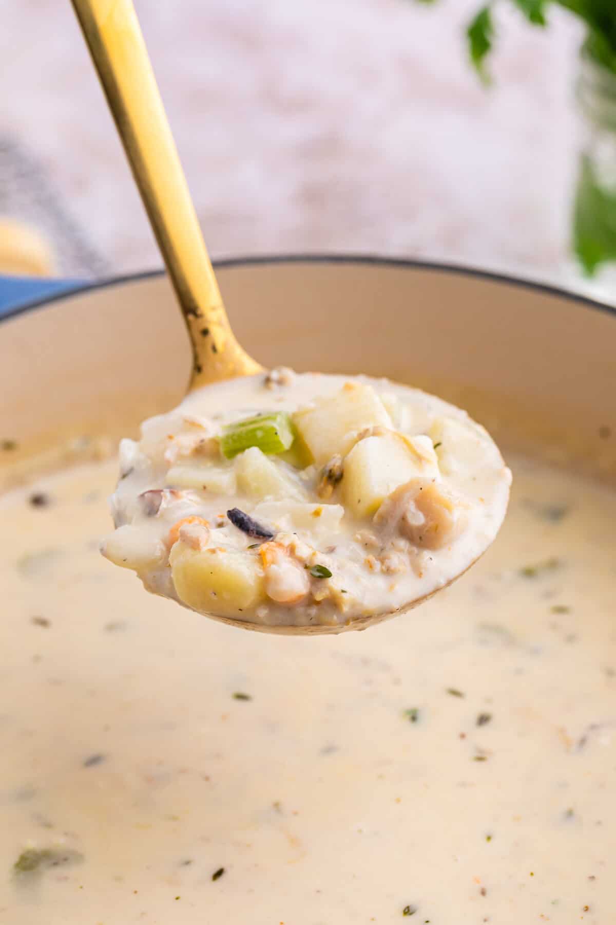 A ladle of seafood chowder.