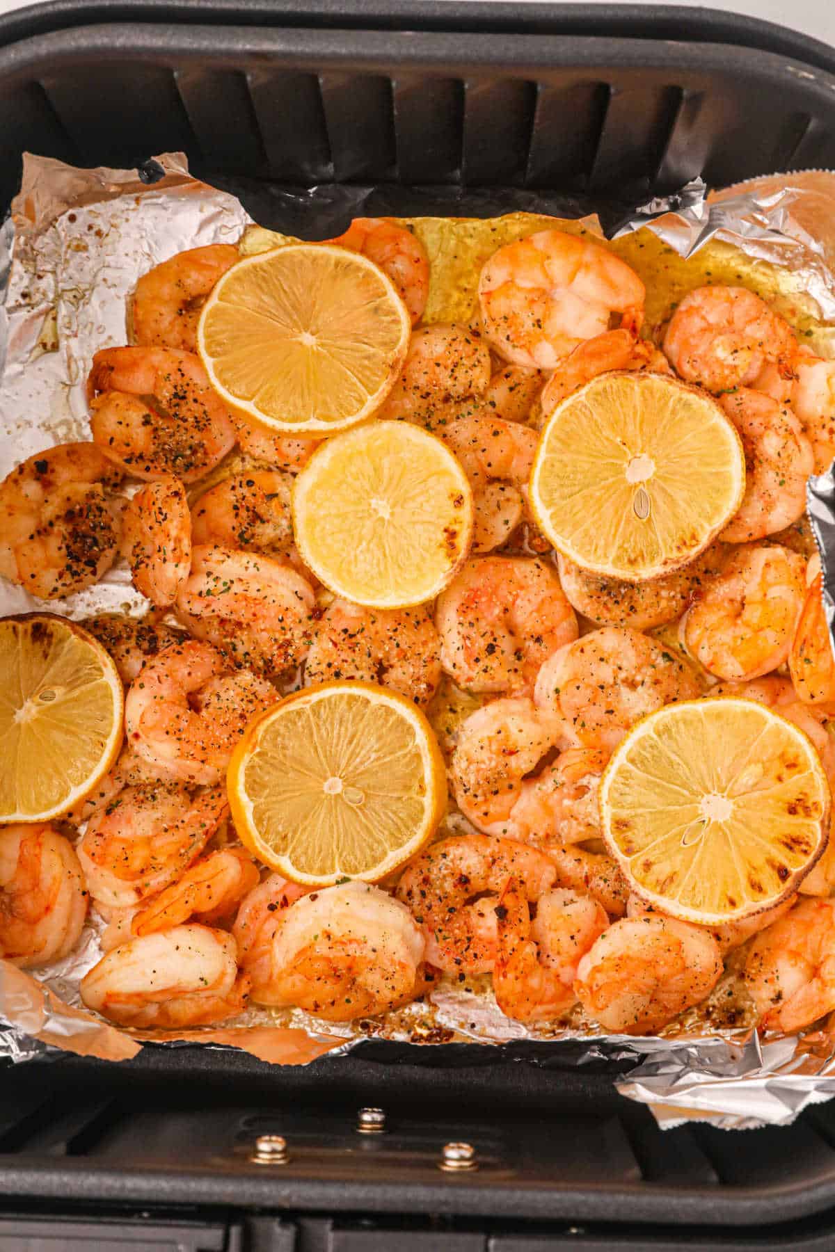 Close up of air fryer shrimp.