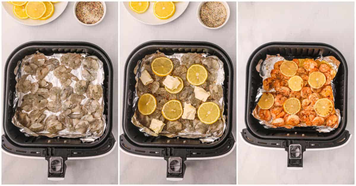 Collage of cooking the recipe in an air fryer.