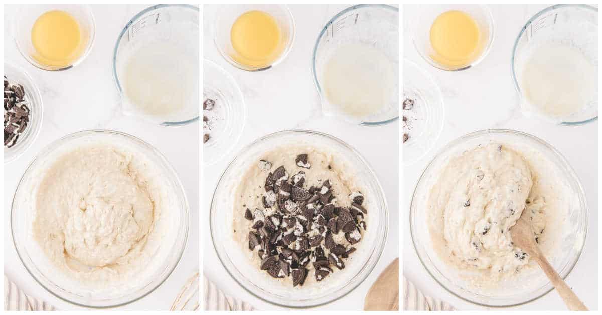 Steps to make Oreo pancakes.