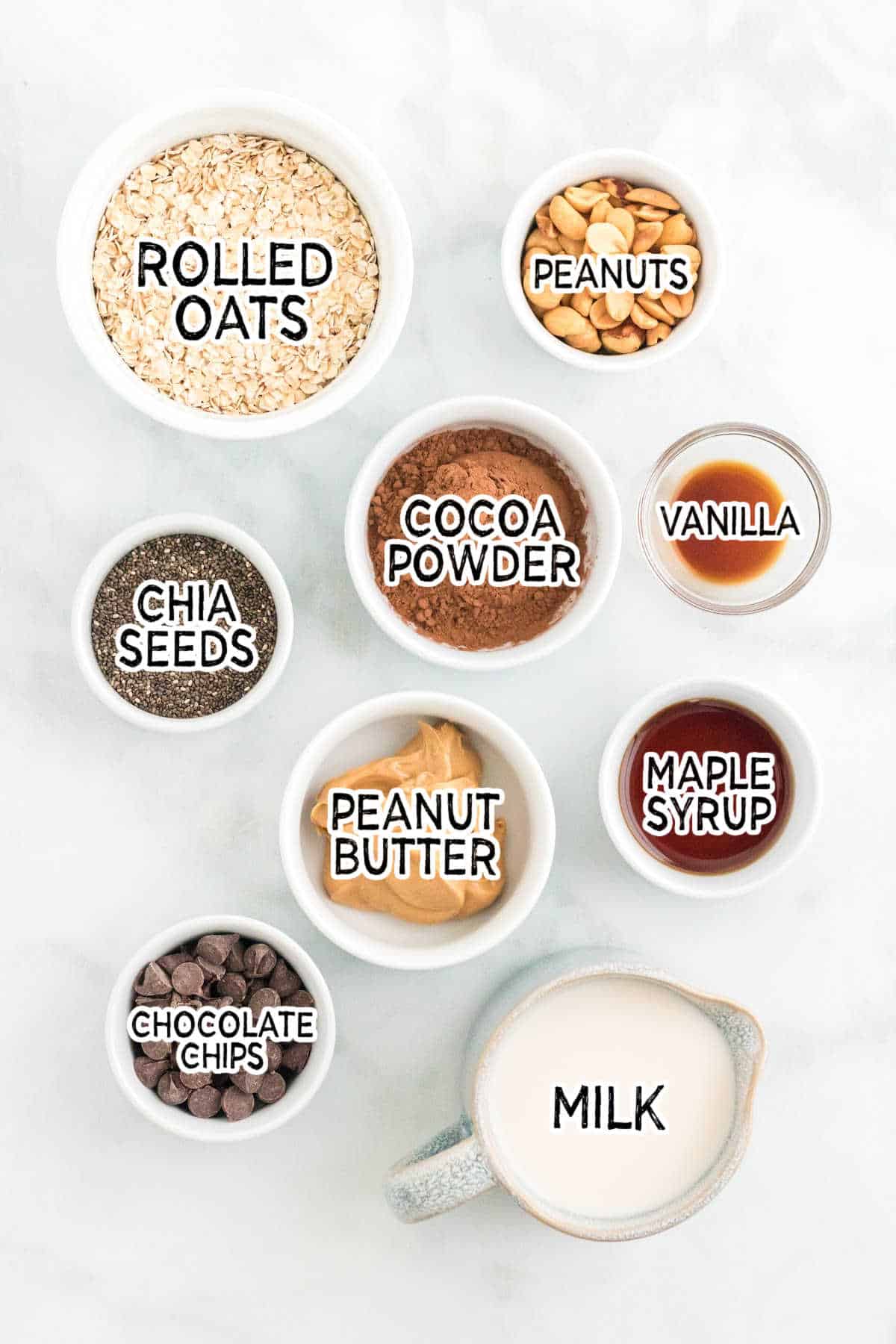 Ingredients to make Chocolate Peanut Butter Overnight Oats. 