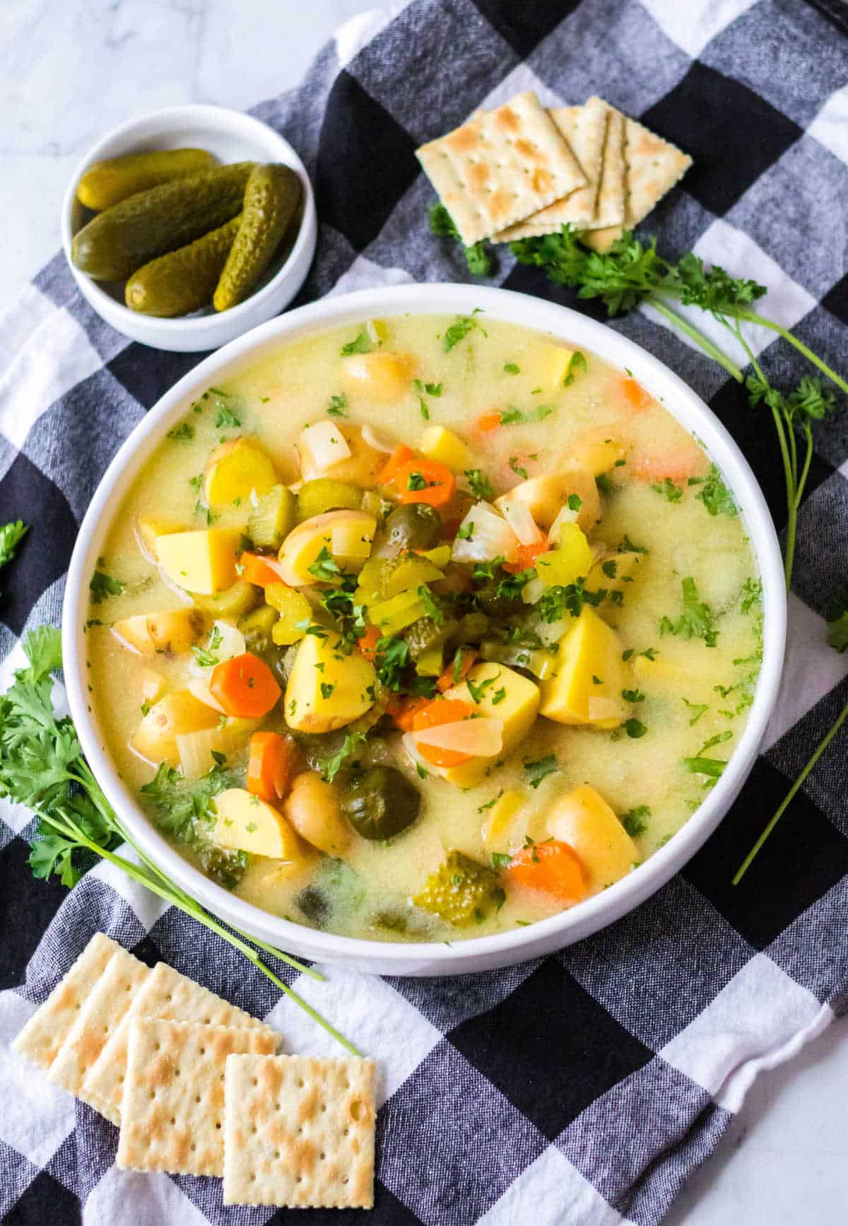 Dill pickle soup in a bowl.