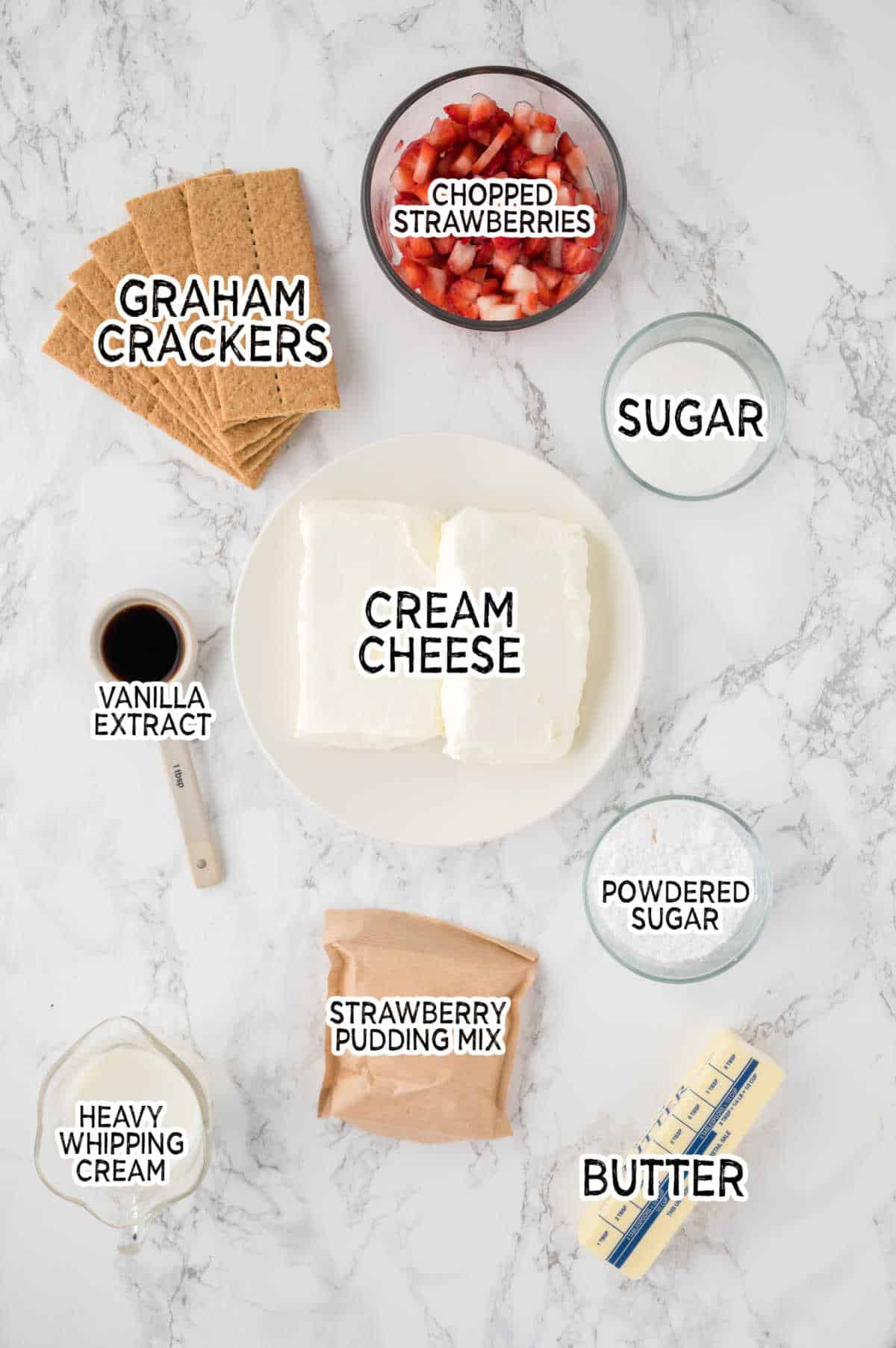 Ingredients to make strawberry cheesecake bars.