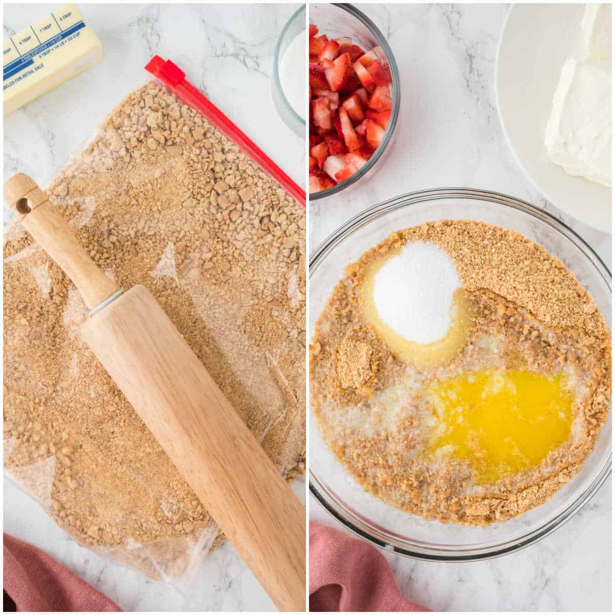 Steps to make strawberry cheesecake bars.