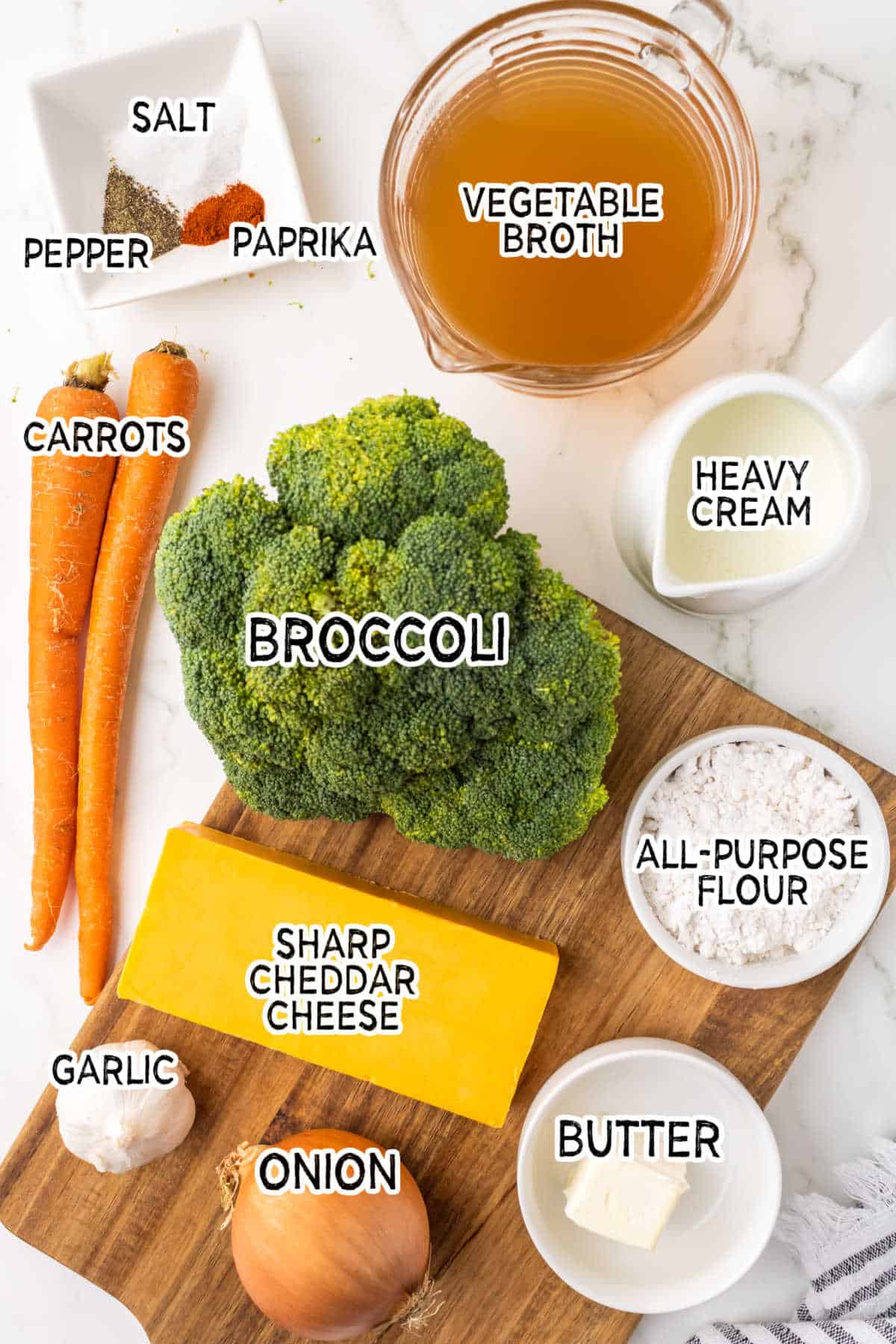 Ingredients to make broccoli cheddar soup.