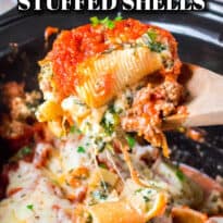 Crockpot stuffed shells pin image.