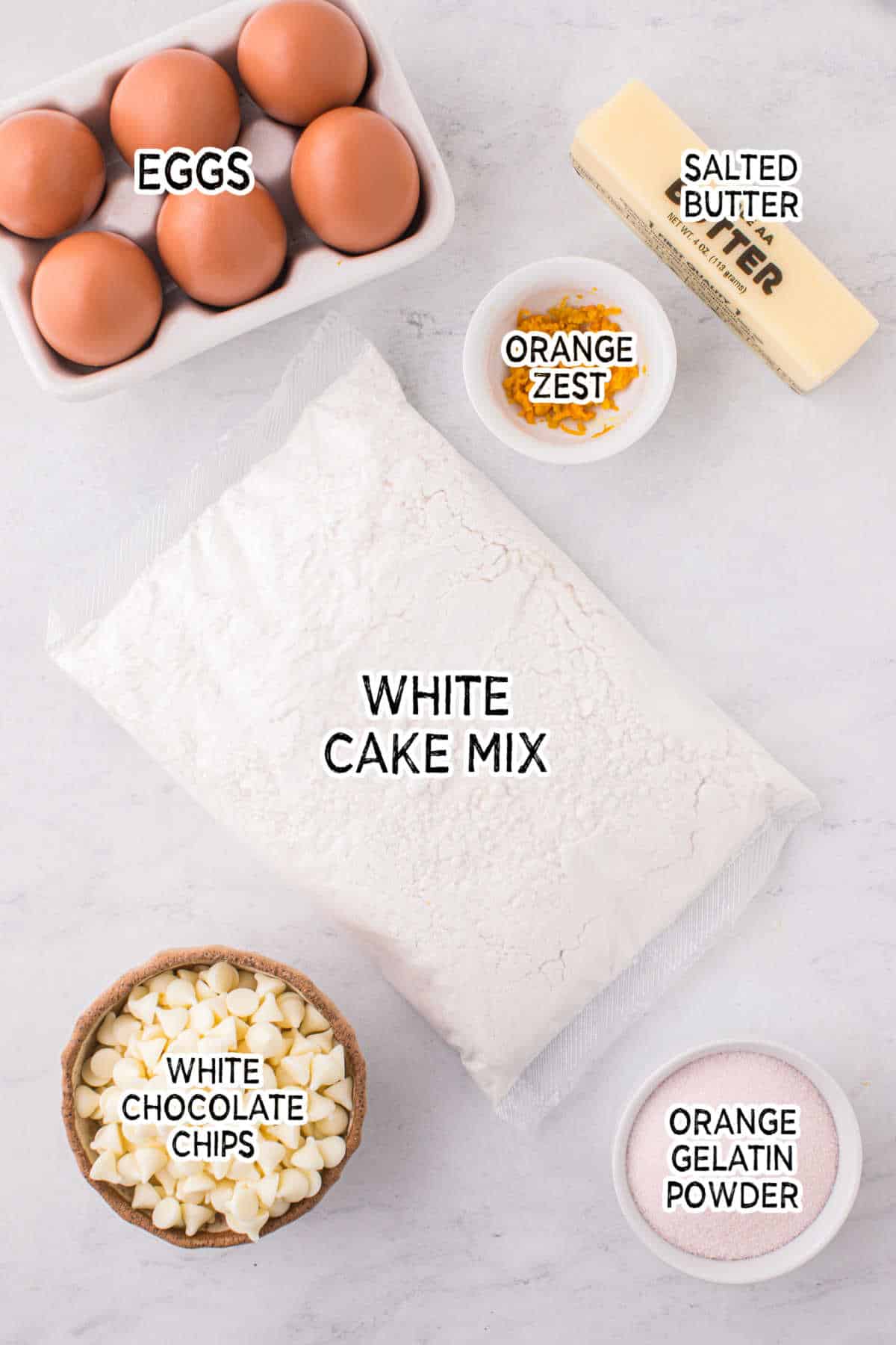 Ingredients on a white surface.
