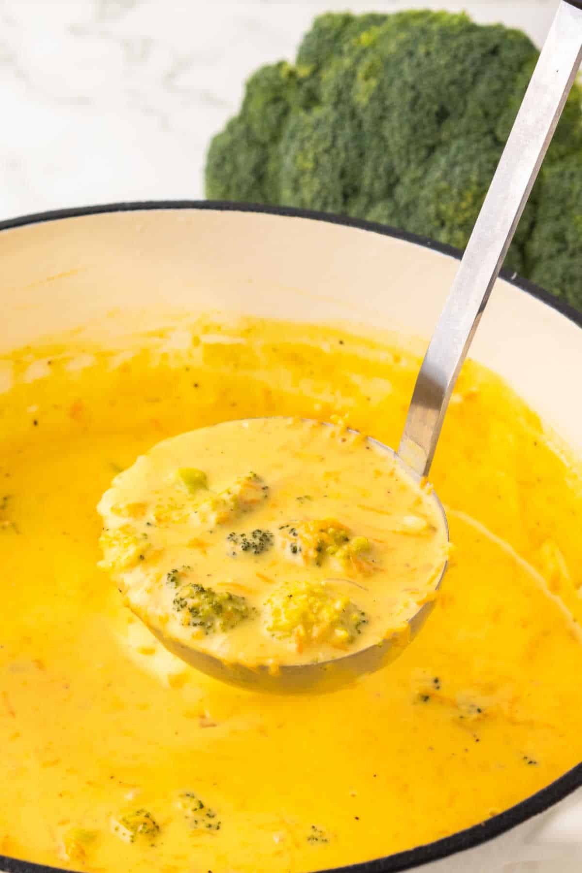 A pot of broccoli cheddar soup with a ladle.