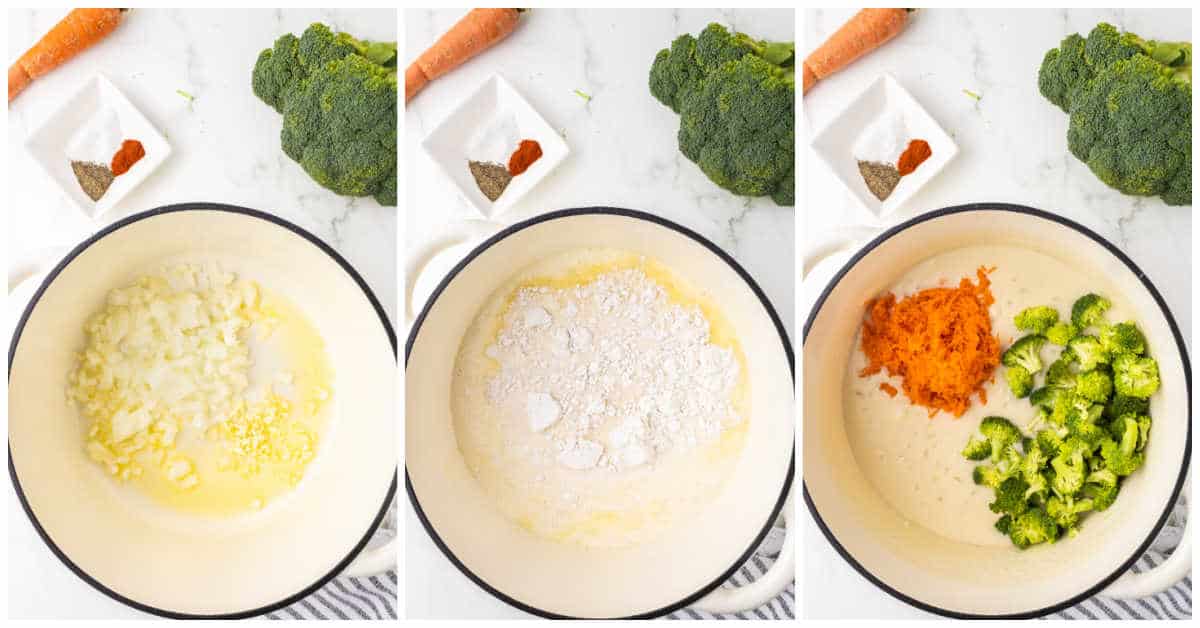 Steps to make broccoli cheddar soup.