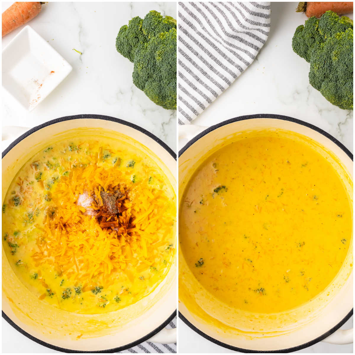 Steps to make broccoli cheddar soup. 