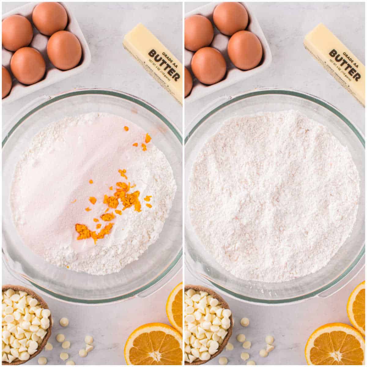 Collage of mixing the dry ingredients in a bowl.