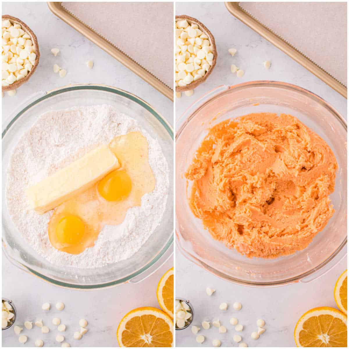 Collage of adding the wet ingredients to the bowl.