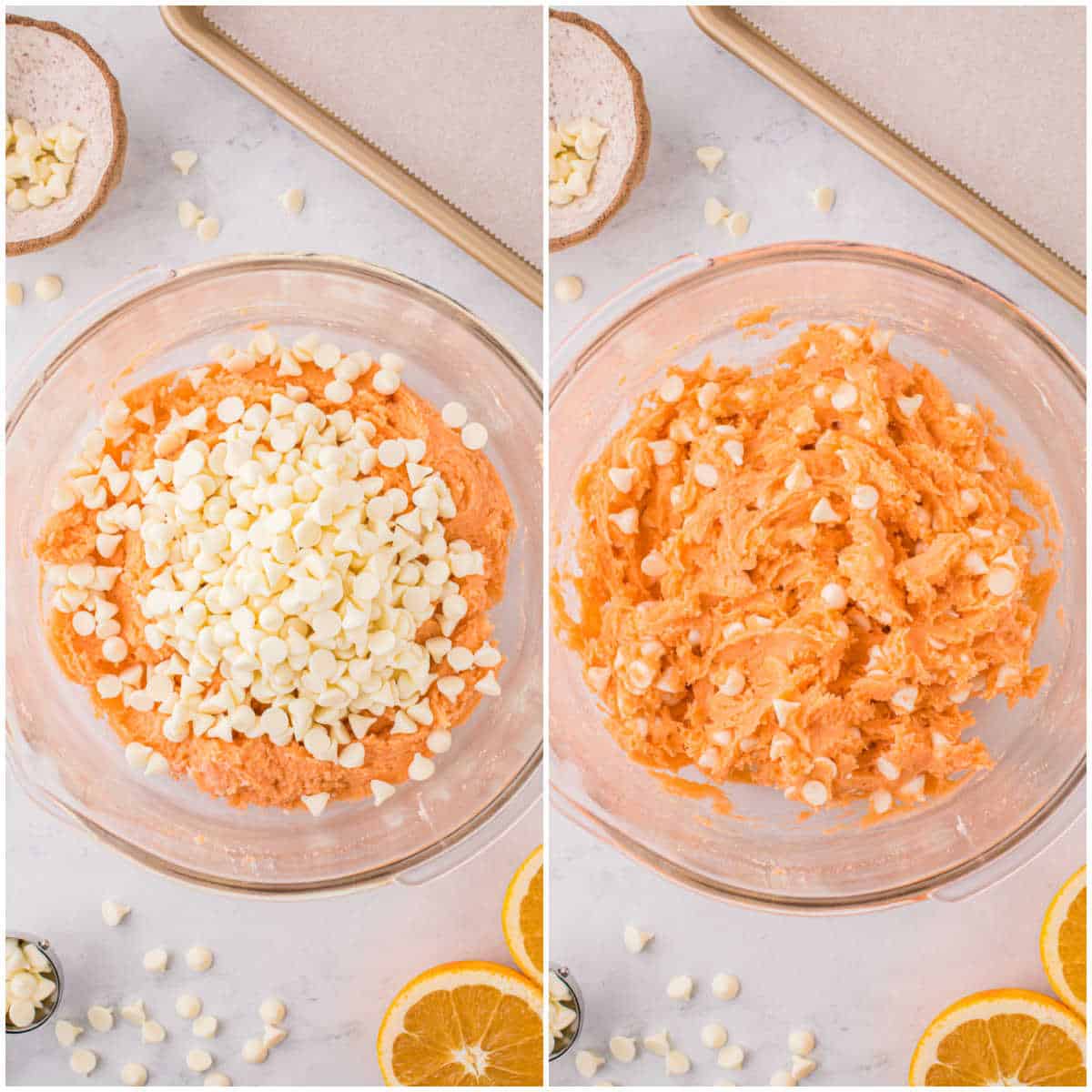 Collage of mixing the white chocolate chips in the bowl.