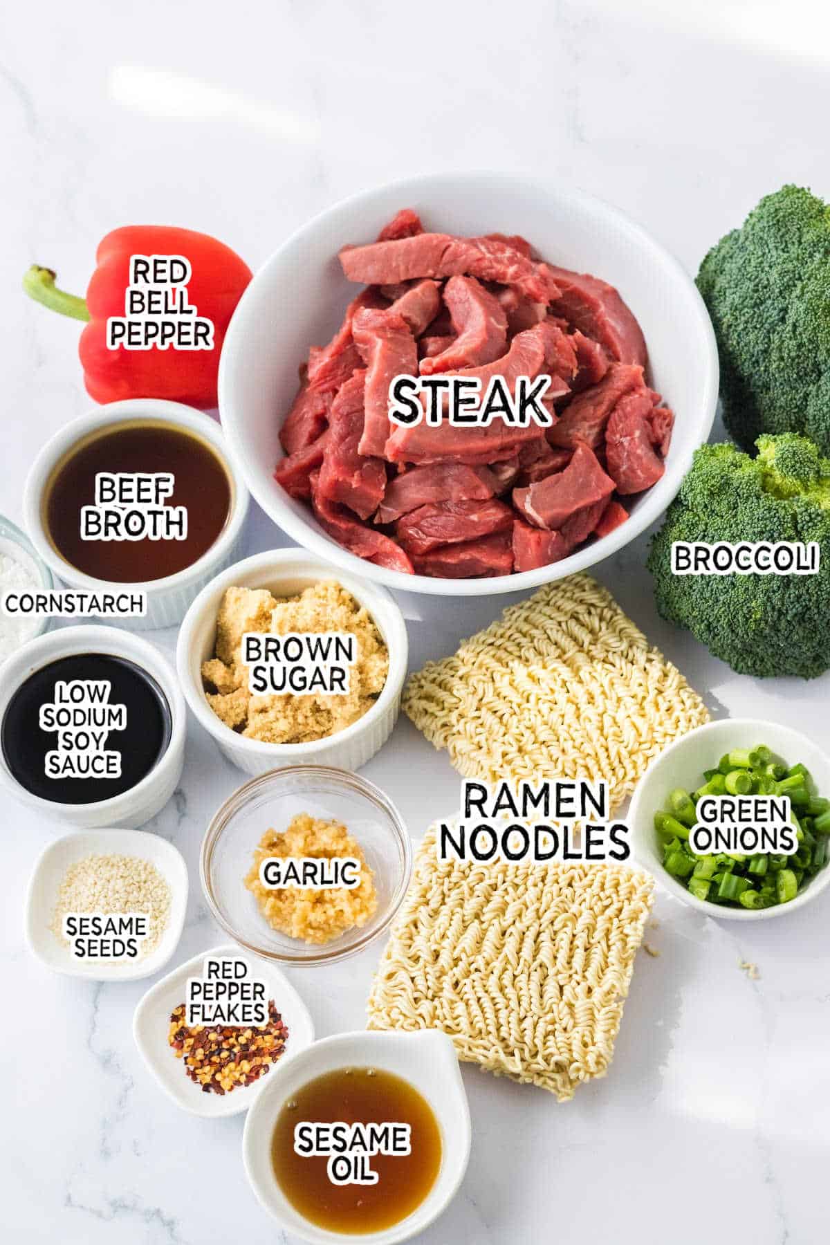 Ingredients to make slow cooker beef and broccoli ramen. 