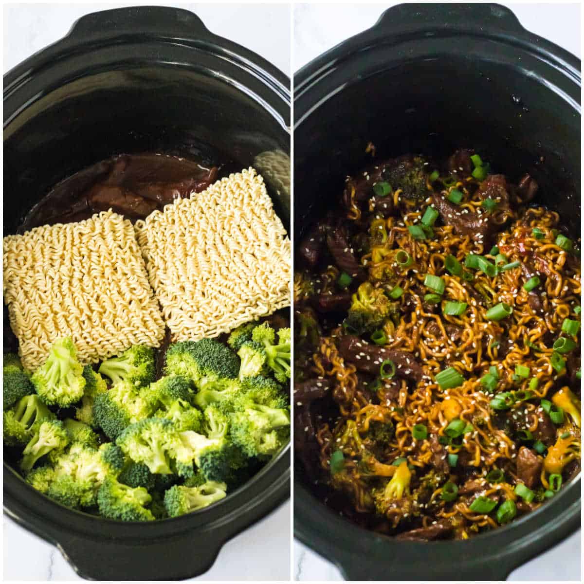 Steps to make slow cooker beef and broccoli ramen. 