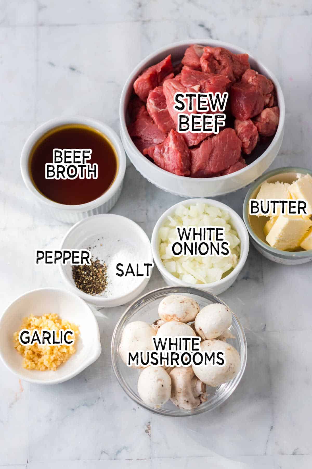 Ingredients to make slow cooker mushroom steak bites.