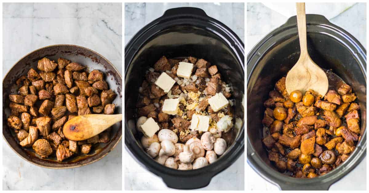 Steps to make slow cooker mushroom steak bites.