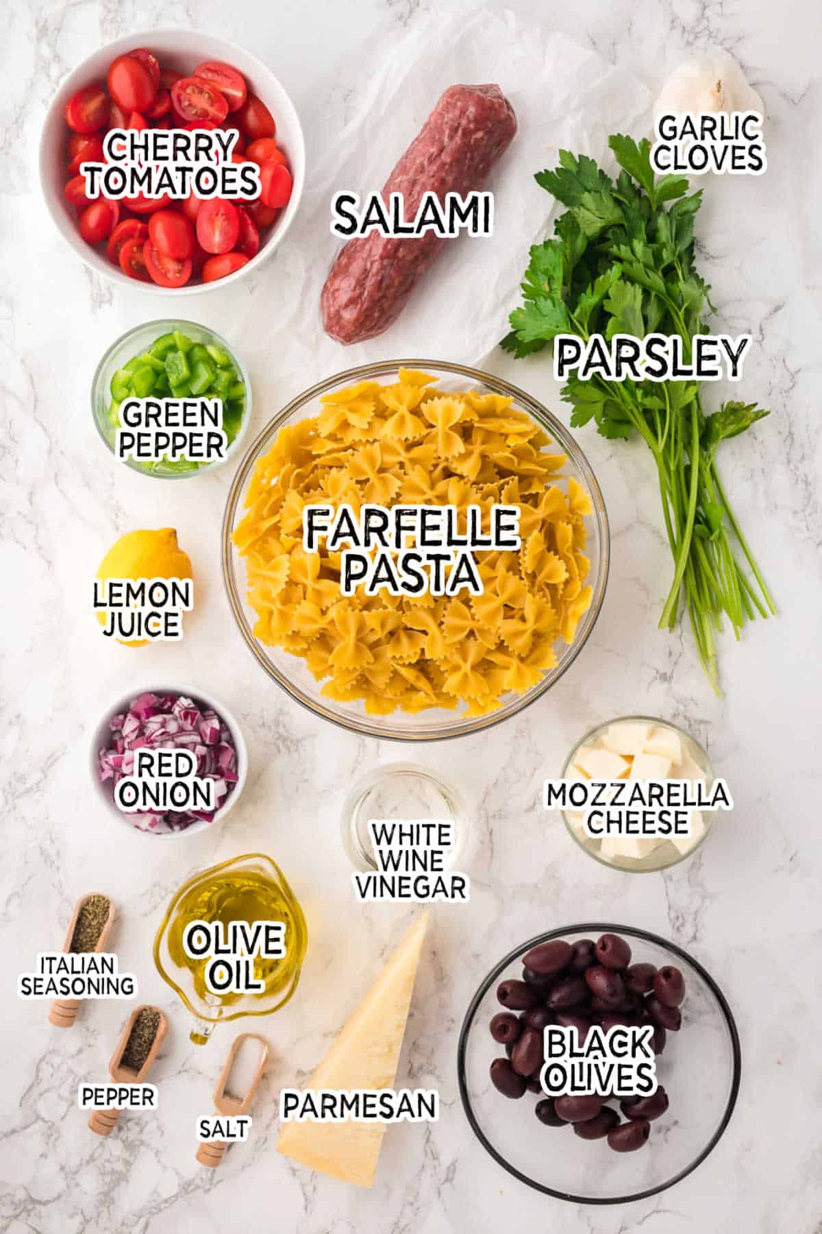 Ingredients to make Italian Pasta Salad.