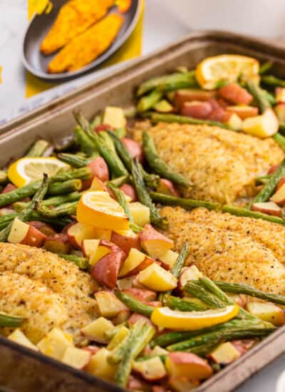 Lemon pepper sole sheet pan dinner with the product box.
