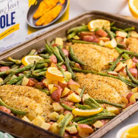 Lemon pepper sole sheet pan dinner with the product box.