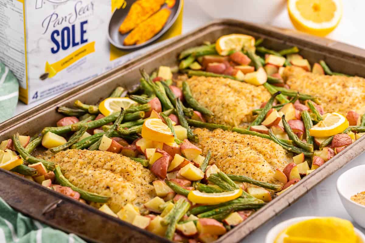 Lemon pepper sole sheet pan dinner with the product box.
