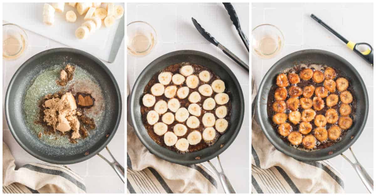 Steps to make bananas foster pancakes.