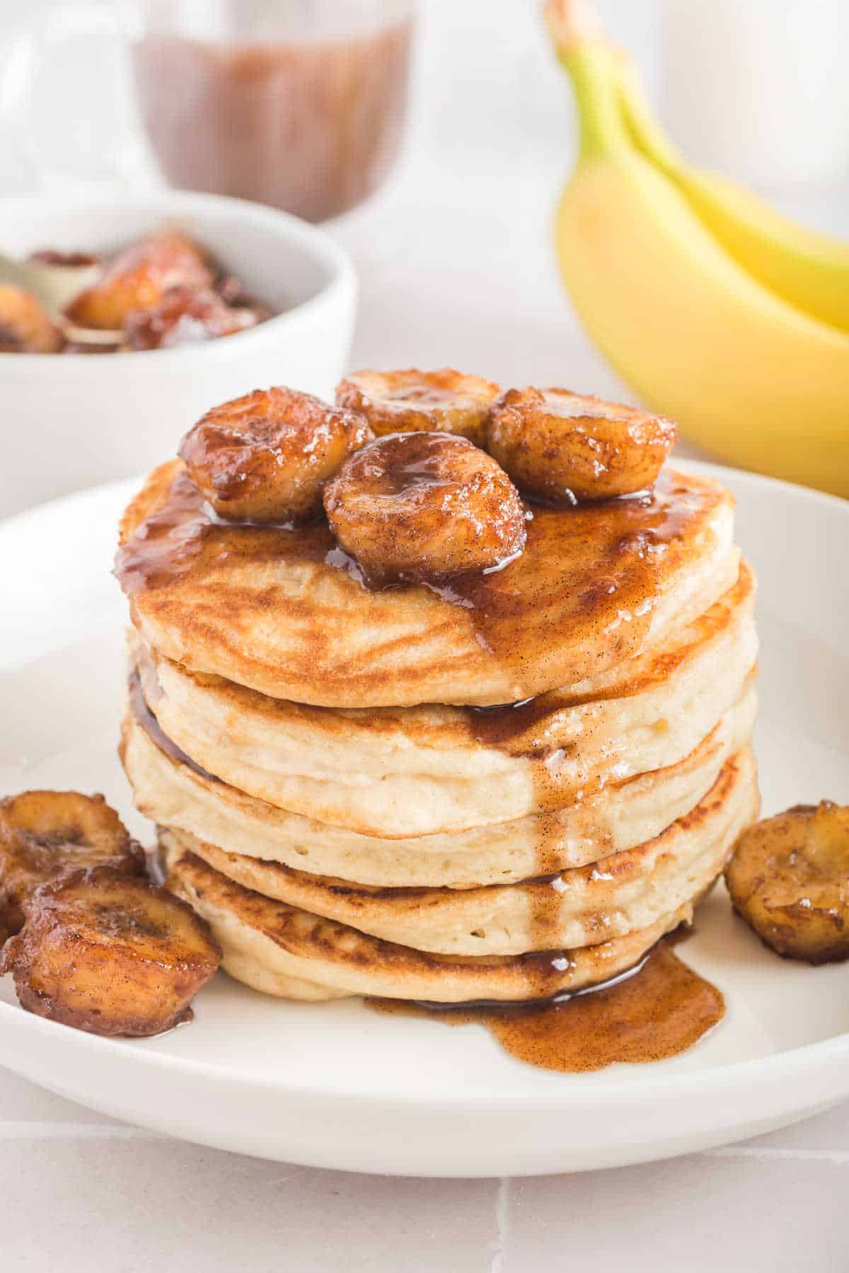 A stack of bananas foster pancakes.