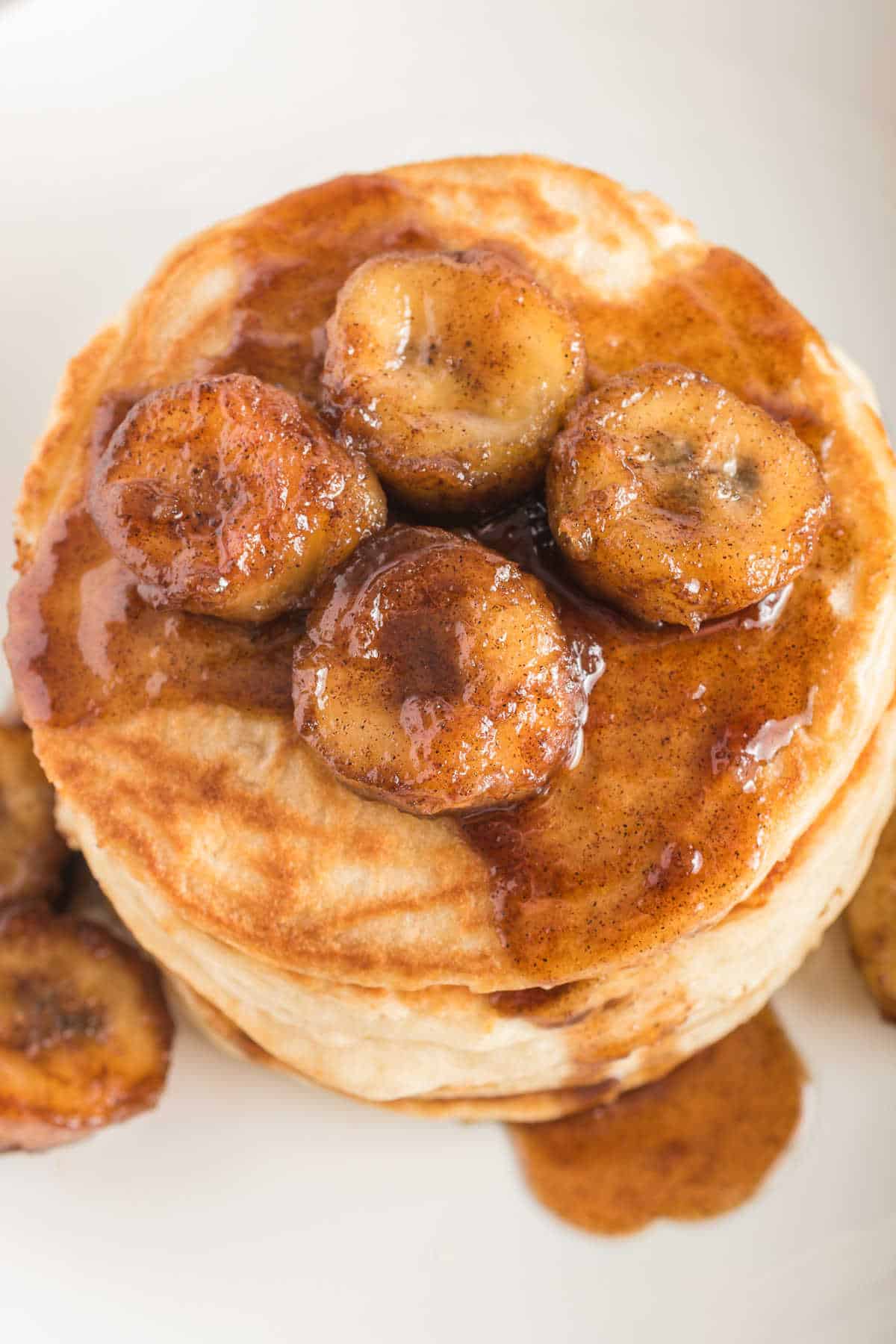 A stack of bananas foster pancakes.