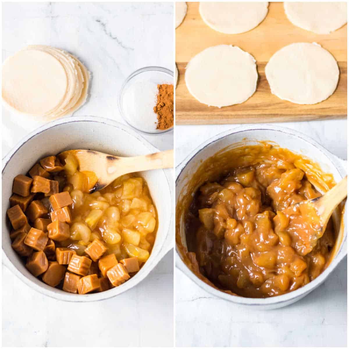 Collage of making the caramel in a pot.
