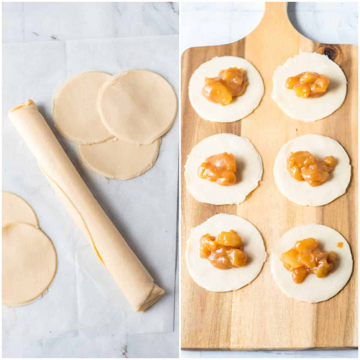 Steps to make caramel apple empanadas.