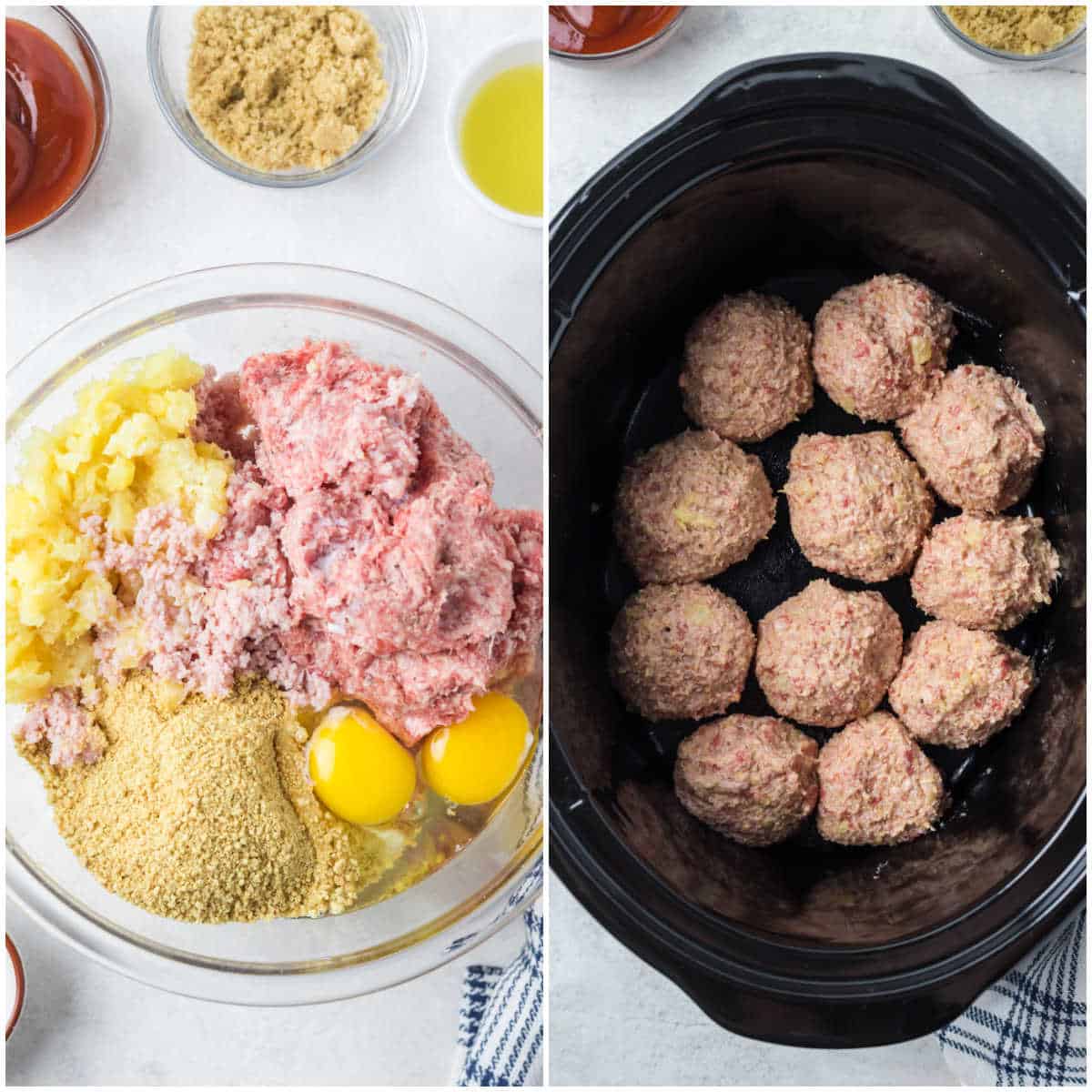 Steps to make crockpot pineapple ham balls.