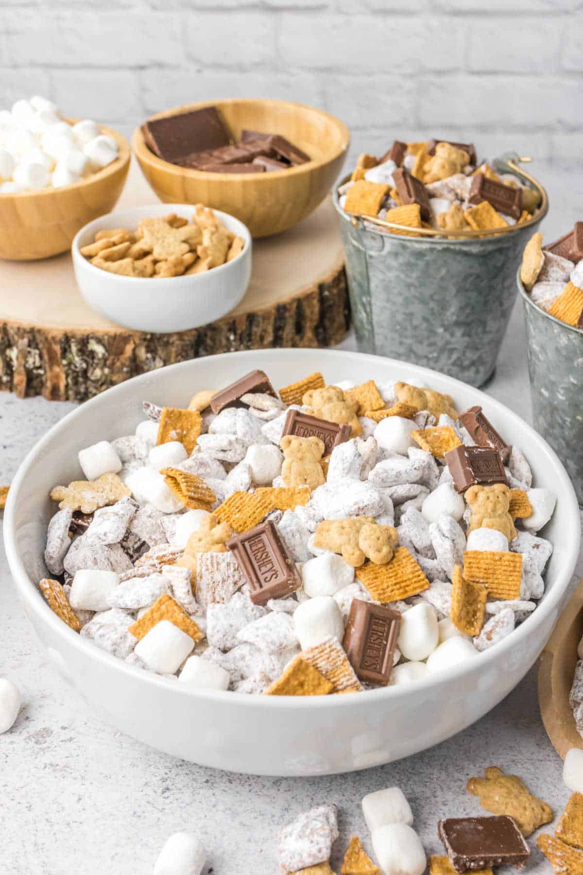 S'mores puppy chow in a white bowl.