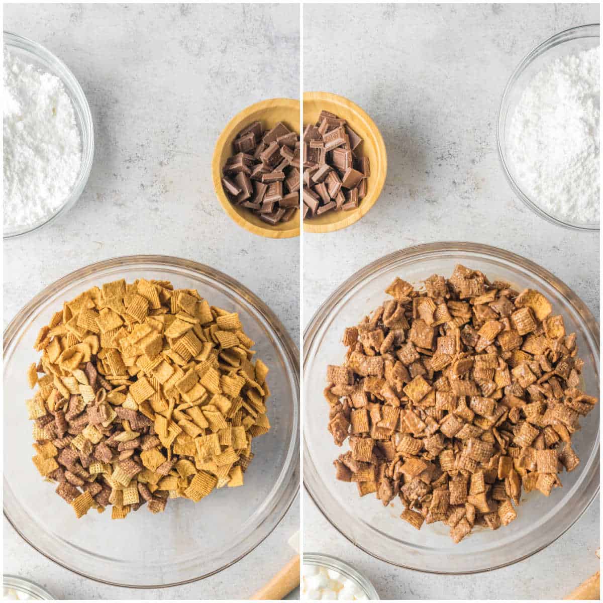 Steps to make s'mores puppy chow.