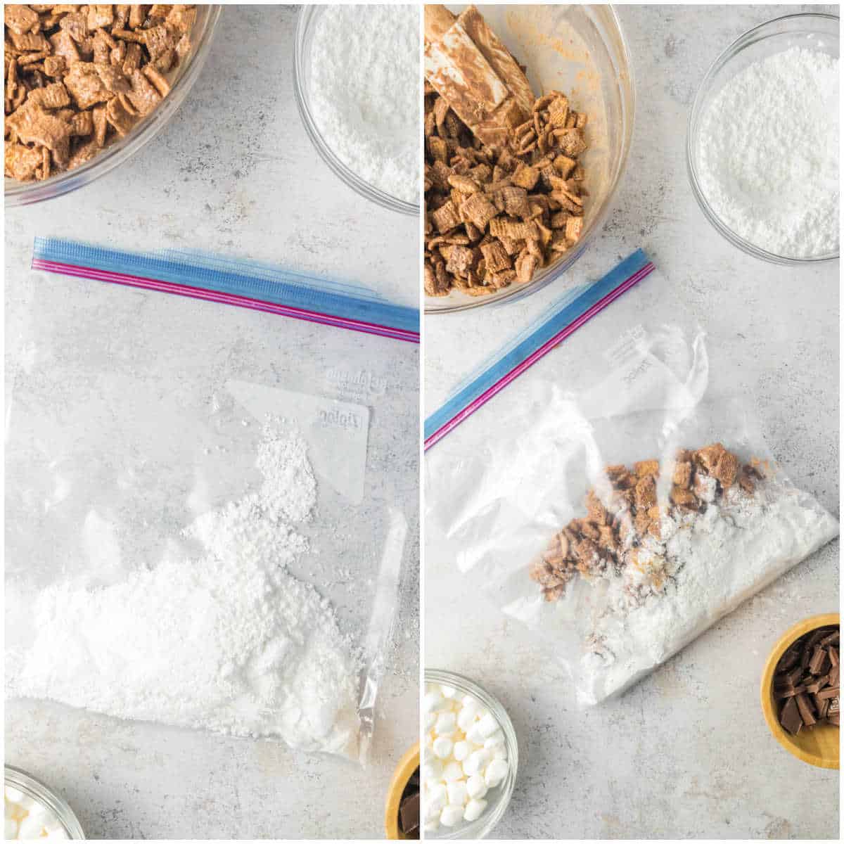 Steps to make s'mores puppy chow.