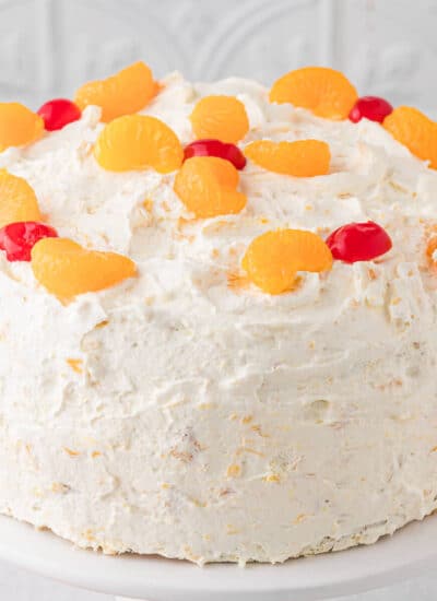 Cake on a stand.