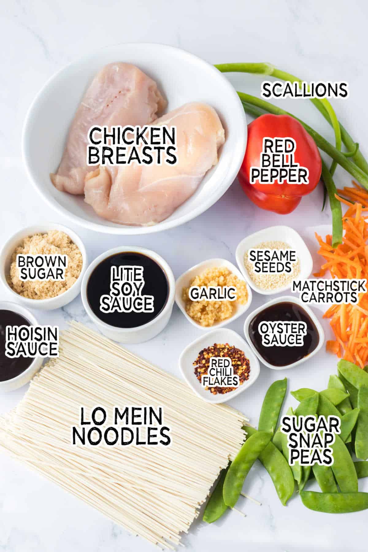 Ingredients to make slow cooker chicken lo mein.