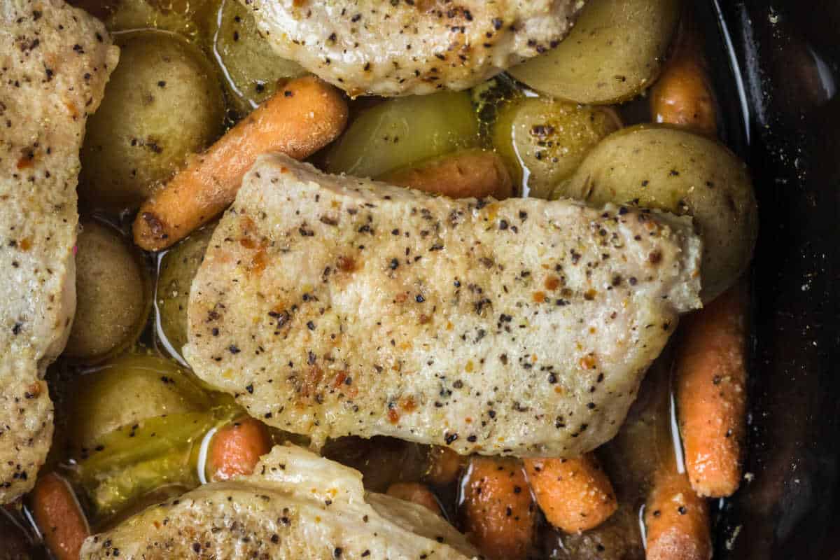 Italian pork chops and veggies in a Crockpot.