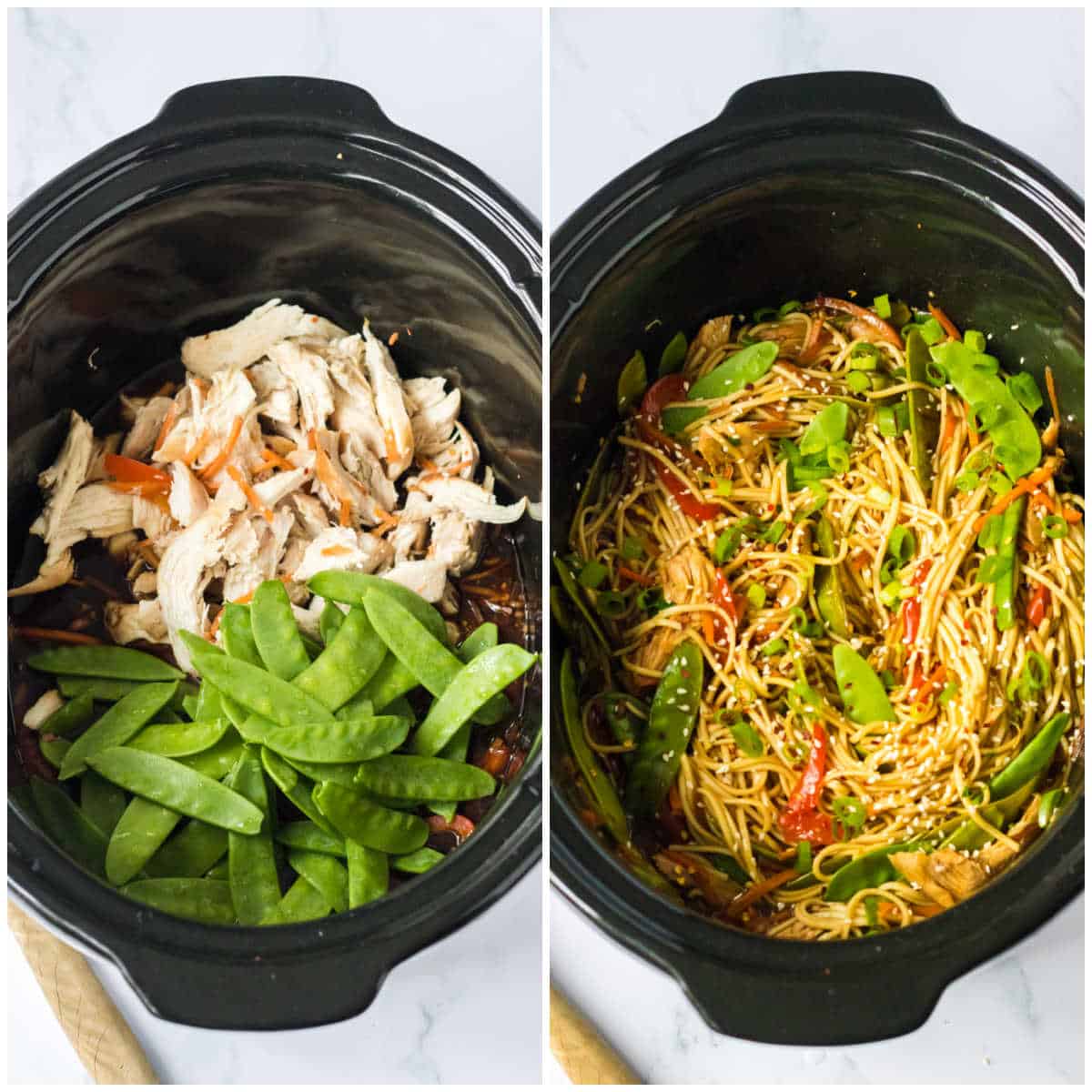 Steps to make chicken lo mein in the slow cooker.