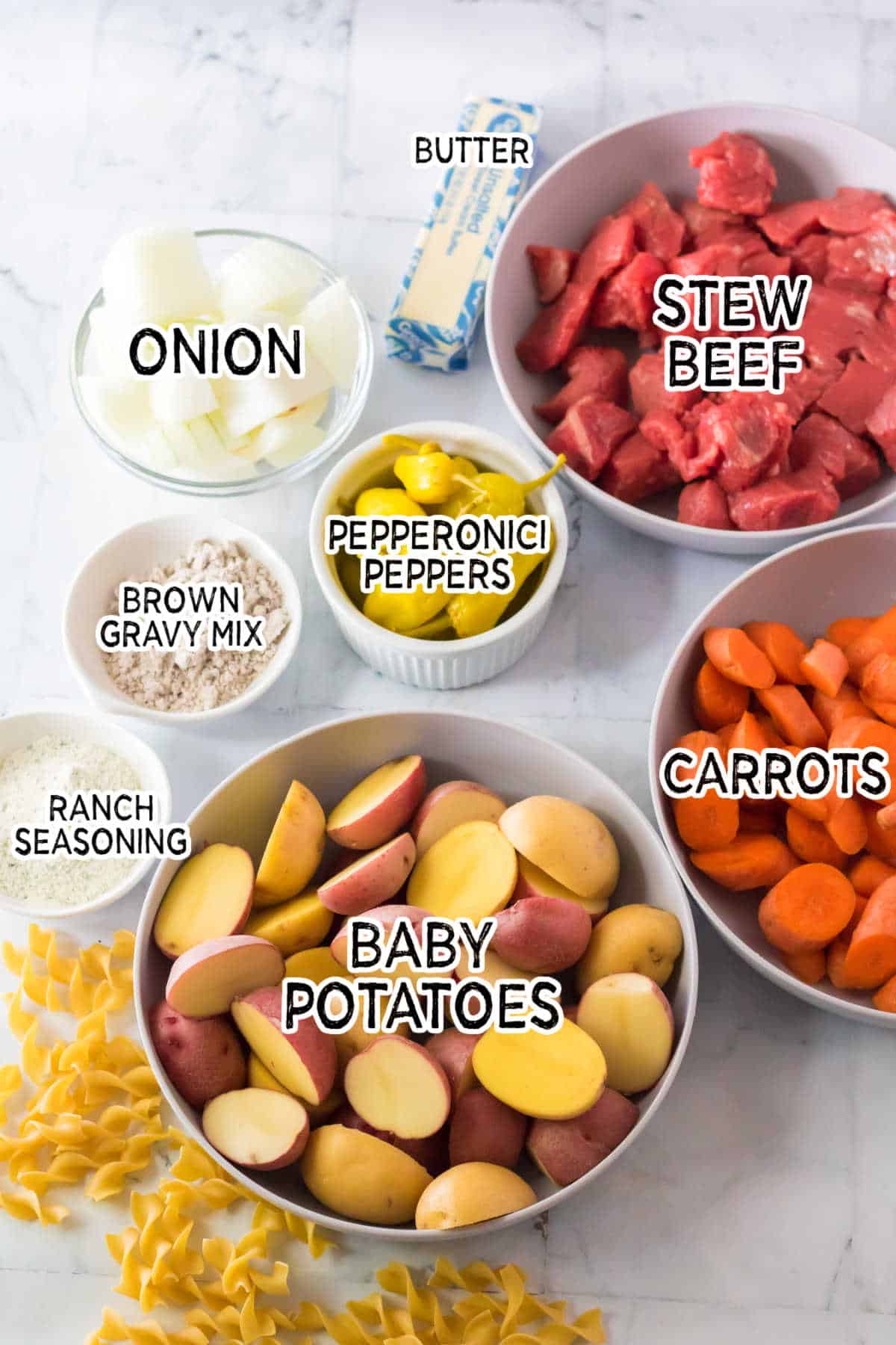 Ingredients to make slow cooker Mississippi Sloppy Joes.