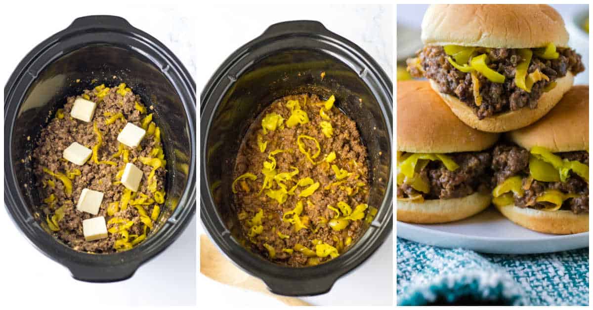 Steps to make slow cooker Mississippi Sloppy Joes.