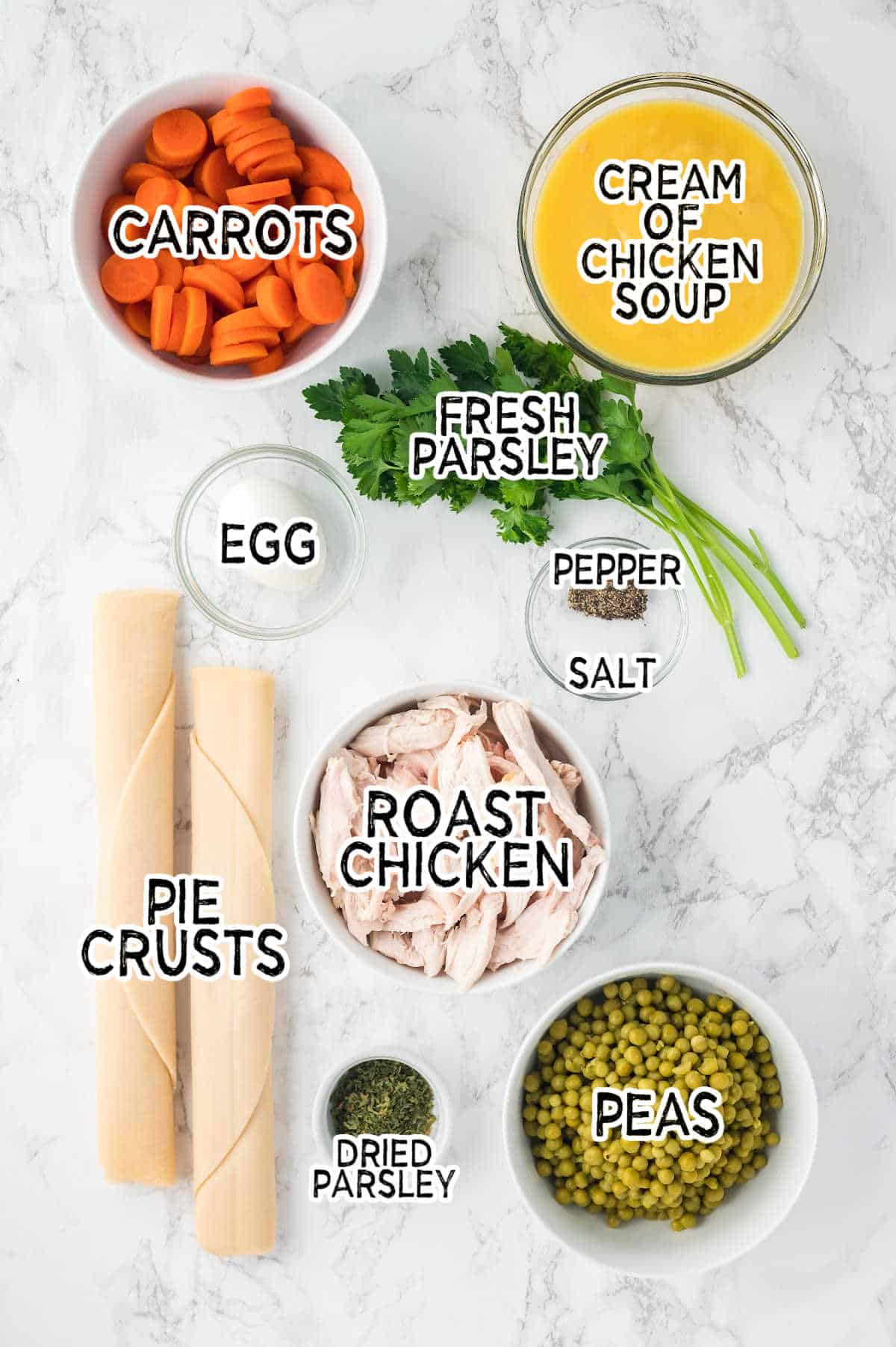 Ingredients to make chicken pot pie.