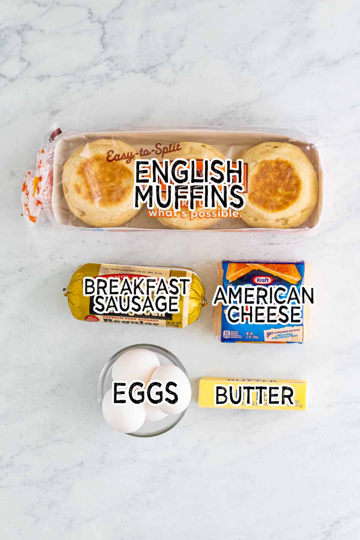 Ingredients to make copycat McDonald's Sausage Egg McMuffins.