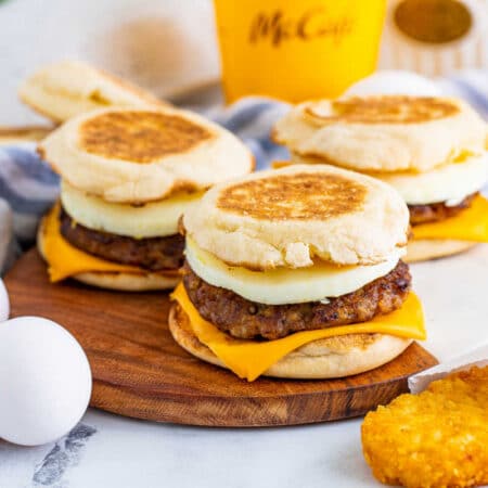 A group of copycat McDonald's Sausage Egg McMuffins.