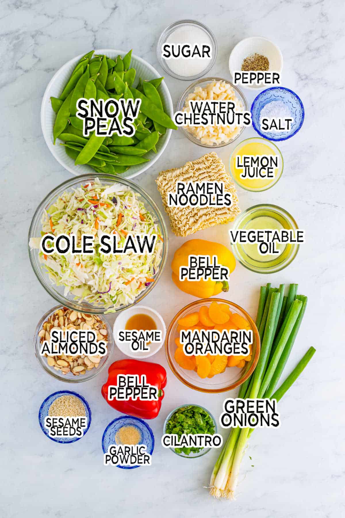 Ingredients to make ramen noodle salad.