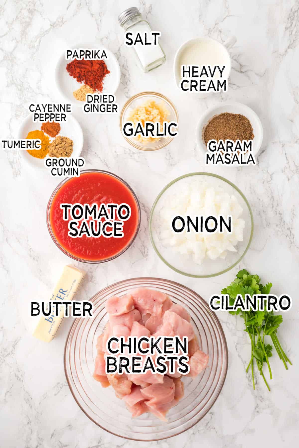 Ingredients to make slow cooker butter chicken.